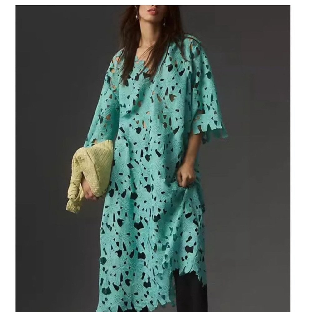 Anthropologie Eyelet Kaftan in light blue. One size, euc